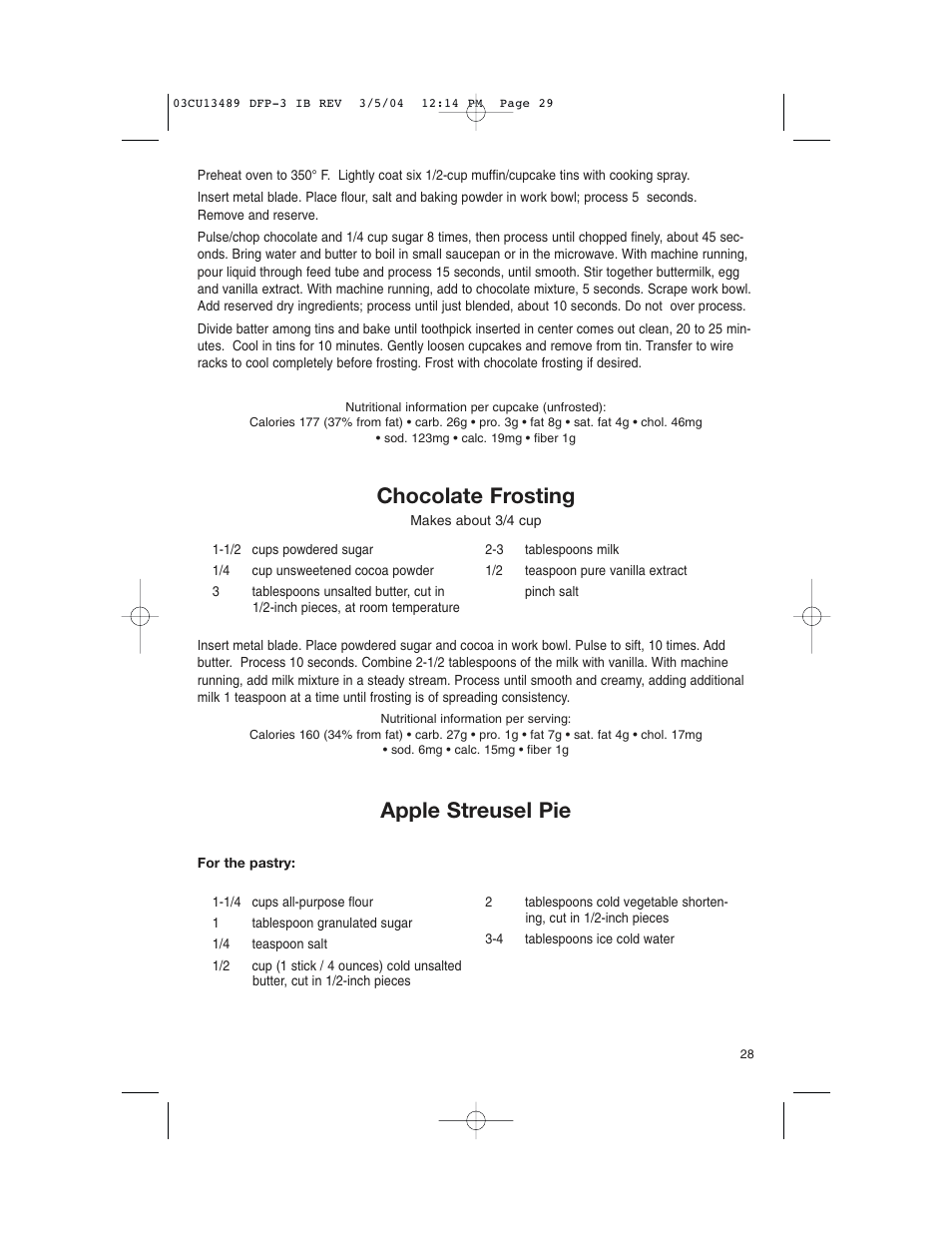 Chocolate frosting, Apple streusel pie | Cuisinart HANDY PREP DFP-3 User Manual | Page 29 / 32