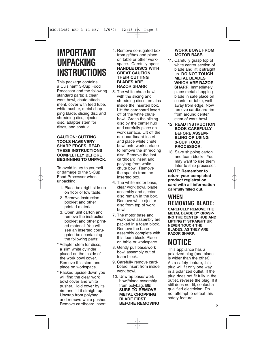 Important unpacking instructions, Notice, When removing blade | Cuisinart HANDY PREP DFP-3 User Manual | Page 3 / 32