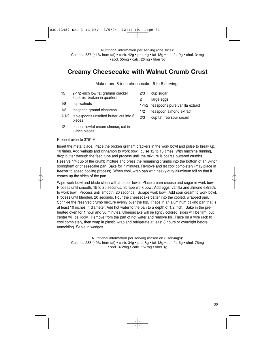 Creamy cheesecake with walnut crumb crust | Cuisinart HANDY PREP DFP-3 User Manual | Page 31 / 32