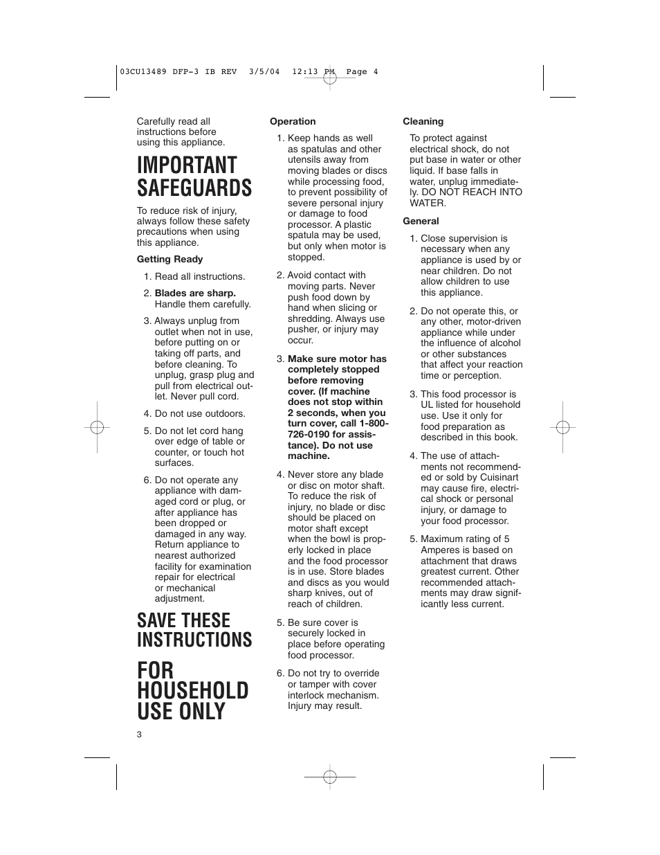 Important safeguards, For household use only, Save these instructions | Cuisinart HANDY PREP DFP-3 User Manual | Page 4 / 32