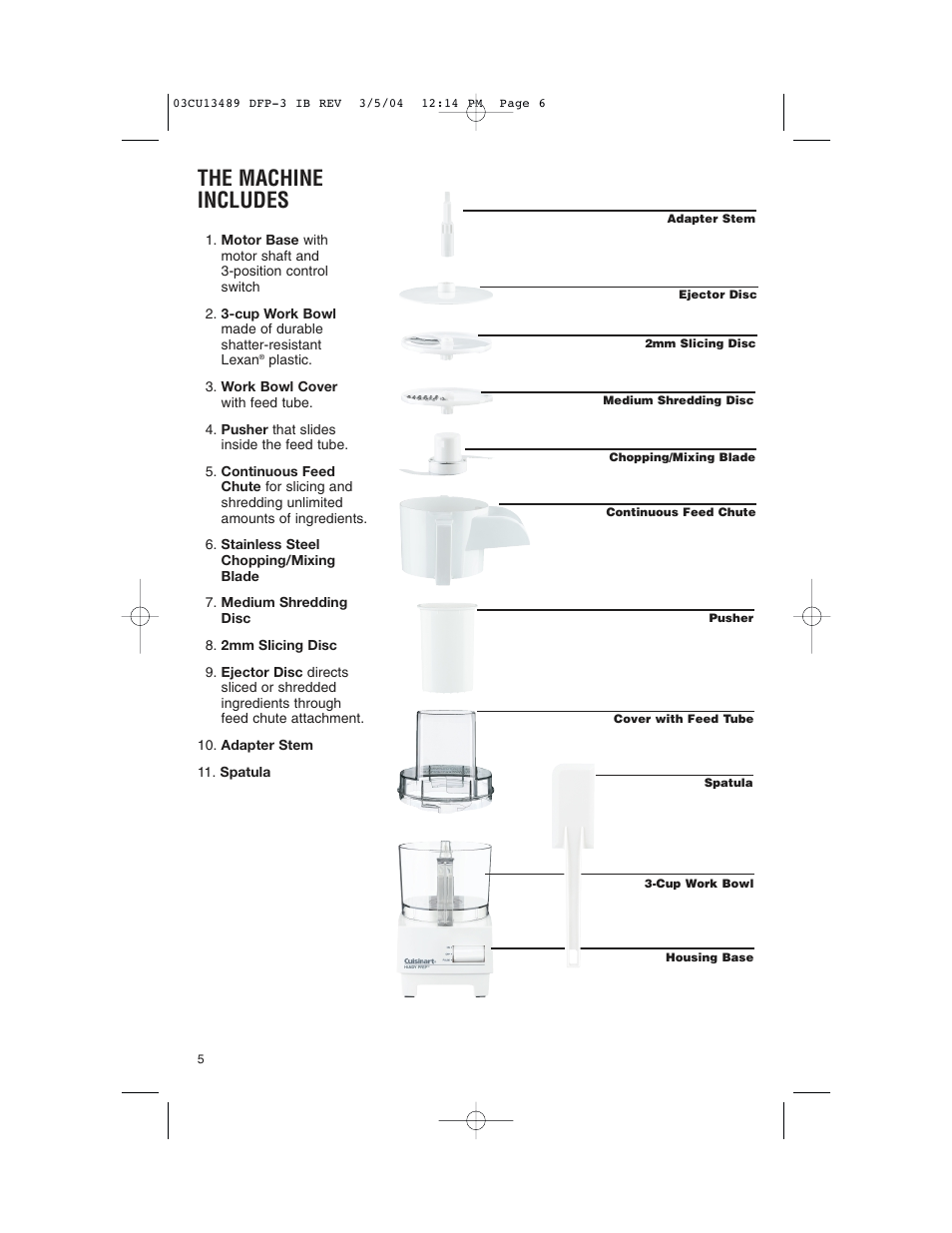 The machine includes | Cuisinart HANDY PREP DFP-3 User Manual | Page 6 / 32