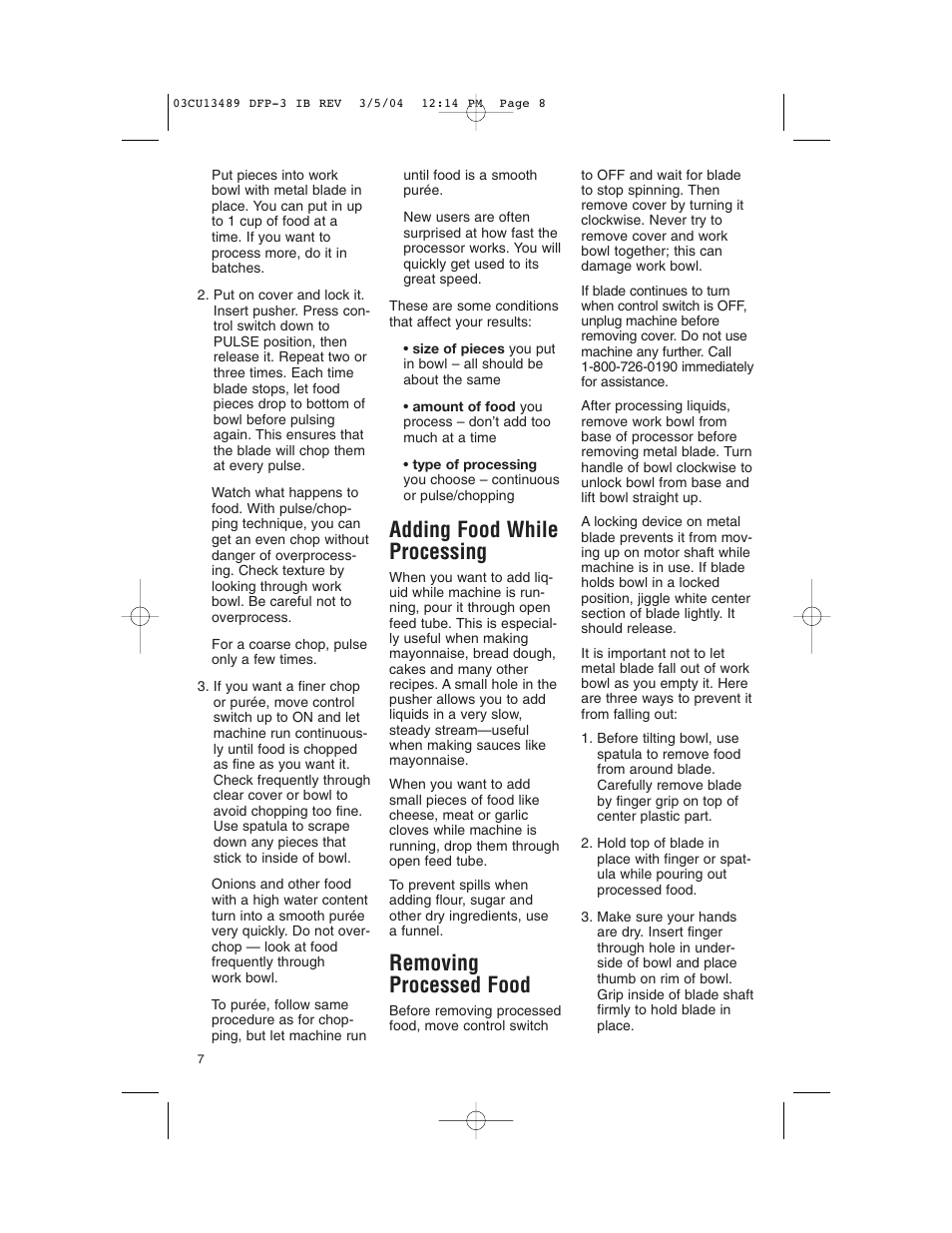 Adding food while processing, Removing processed food | Cuisinart HANDY PREP DFP-3 User Manual | Page 8 / 32