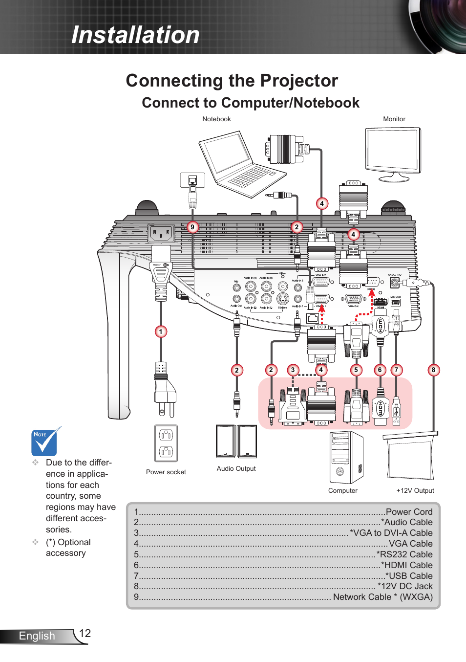 Installation, Connecting the projector, Connect to computer/notebook | 12 english | Optoma X307USTi User Manual | Page 12 / 61
