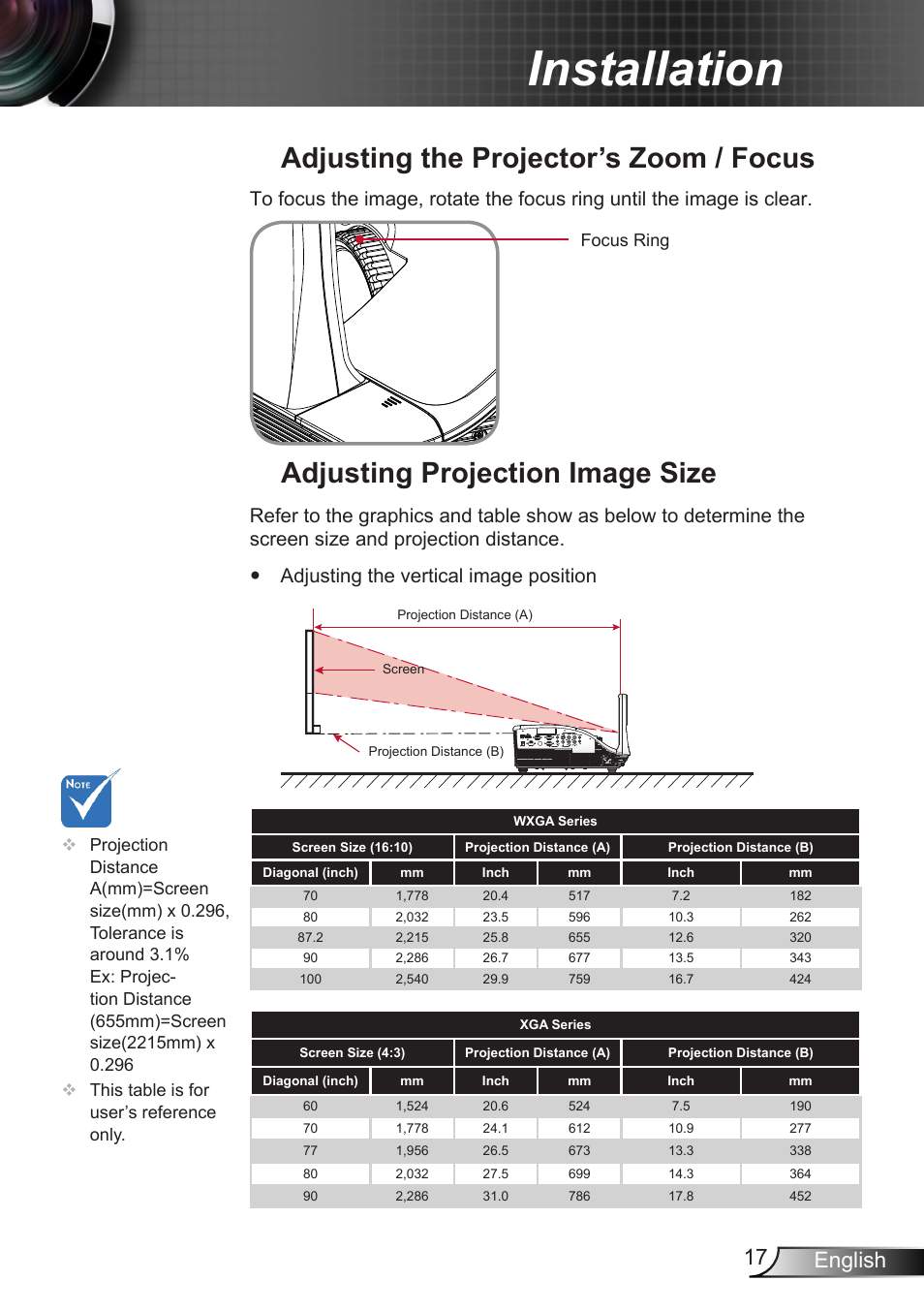 Adjusting the projector’s zoom / focus, Adjusting projection image size, Adjusting the projector’s zoom | Focus adjusting projection image size, Installation, 17 english | Optoma X307USTi User Manual | Page 17 / 61