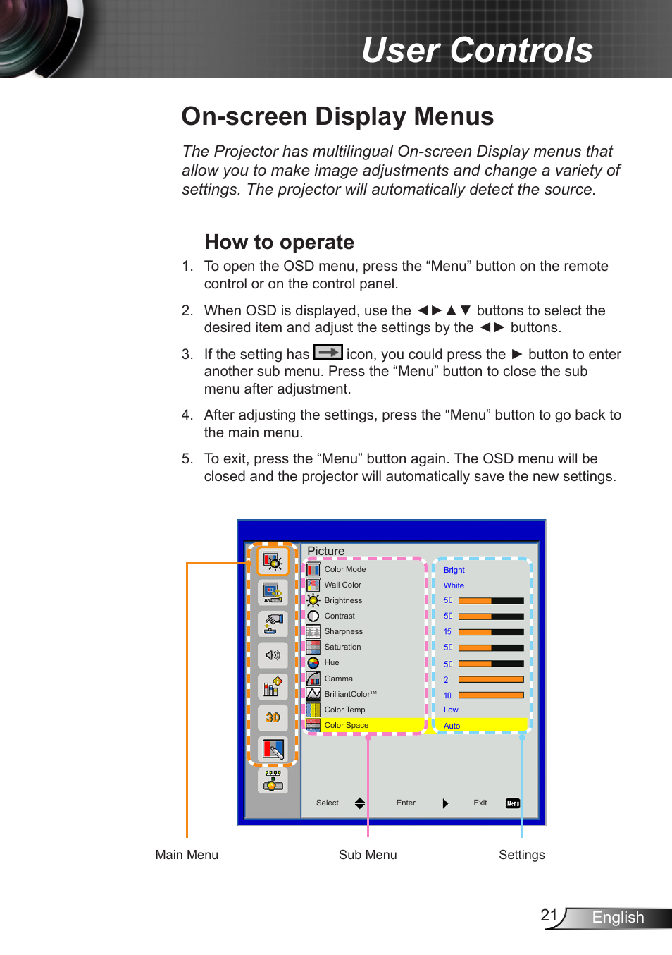 On-screen display menus, How to operate, User controls | Optoma X307USTi User Manual | Page 21 / 61