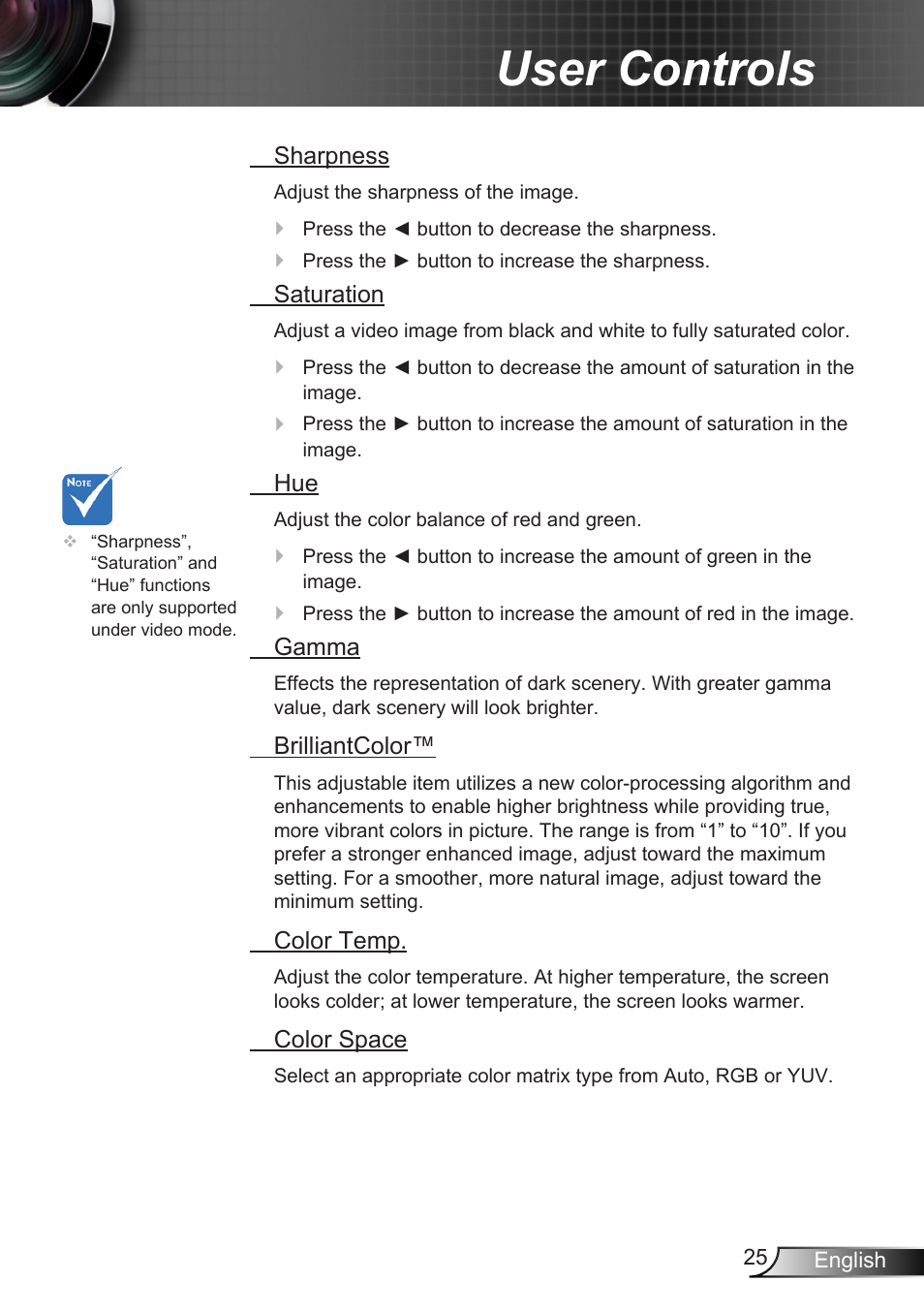 User controls | Optoma X307USTi User Manual | Page 25 / 61