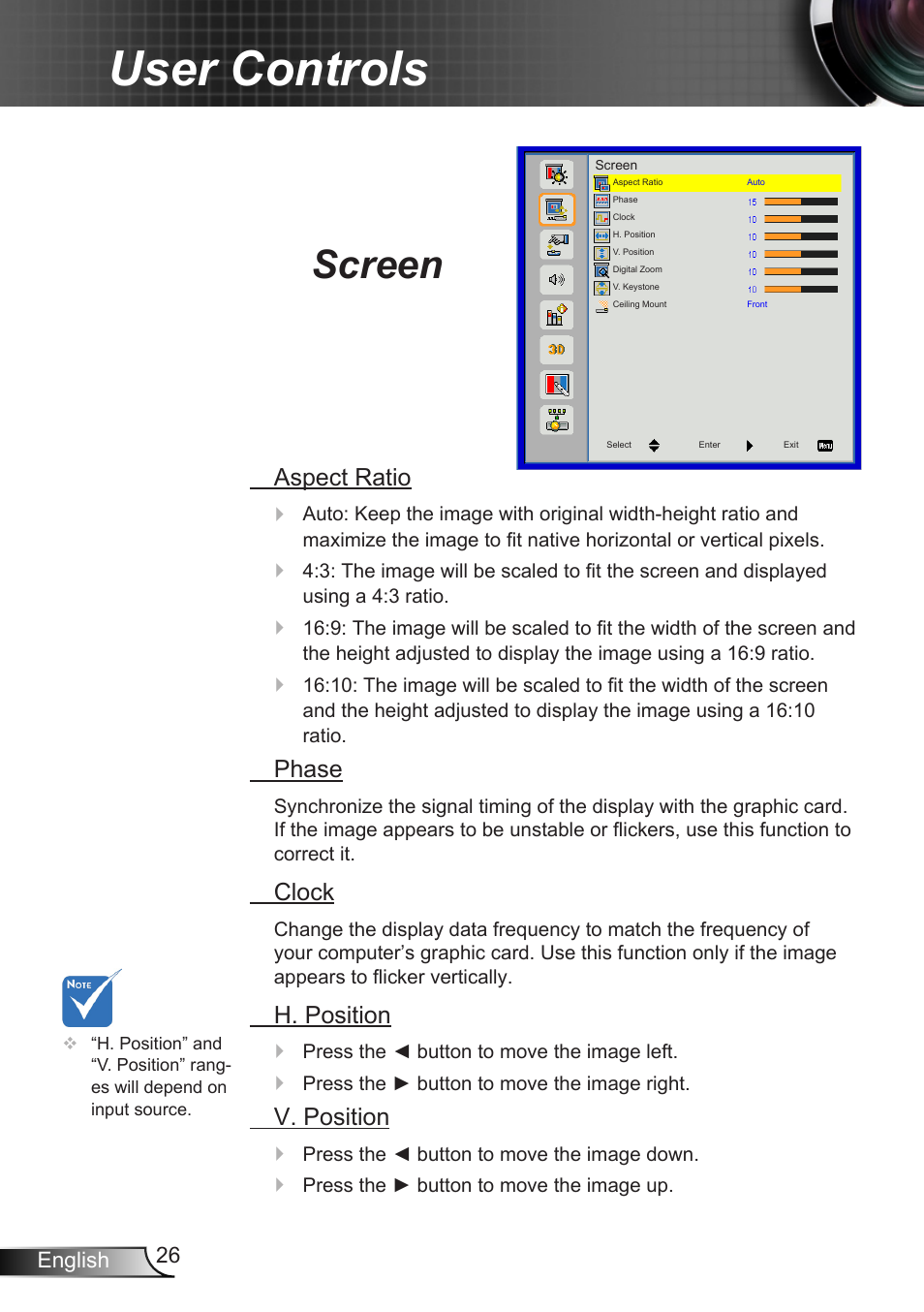 Screen, User controls, Aspect ratio | Phase, Clock, H. position, V. position | Optoma X307USTi User Manual | Page 26 / 61