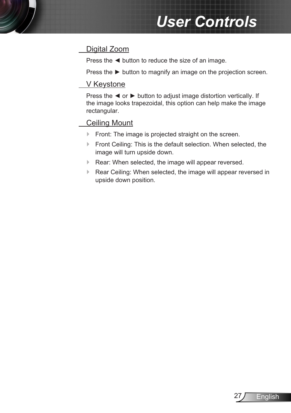 User controls | Optoma X307USTi User Manual | Page 27 / 61