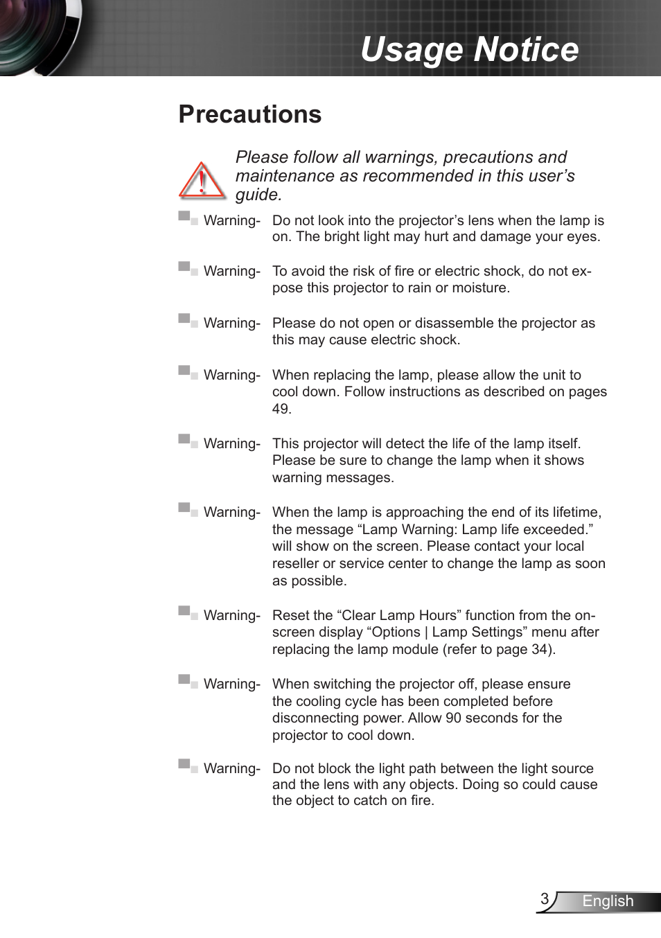 Precautions, Usage notice | Optoma X307USTi User Manual | Page 3 / 61