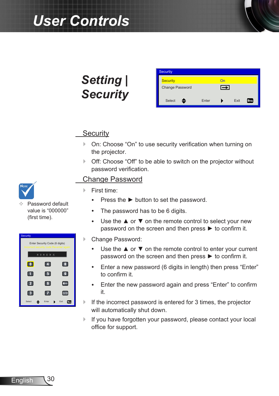 Setting | security, User controls, Security | Change password | Optoma X307USTi User Manual | Page 30 / 61
