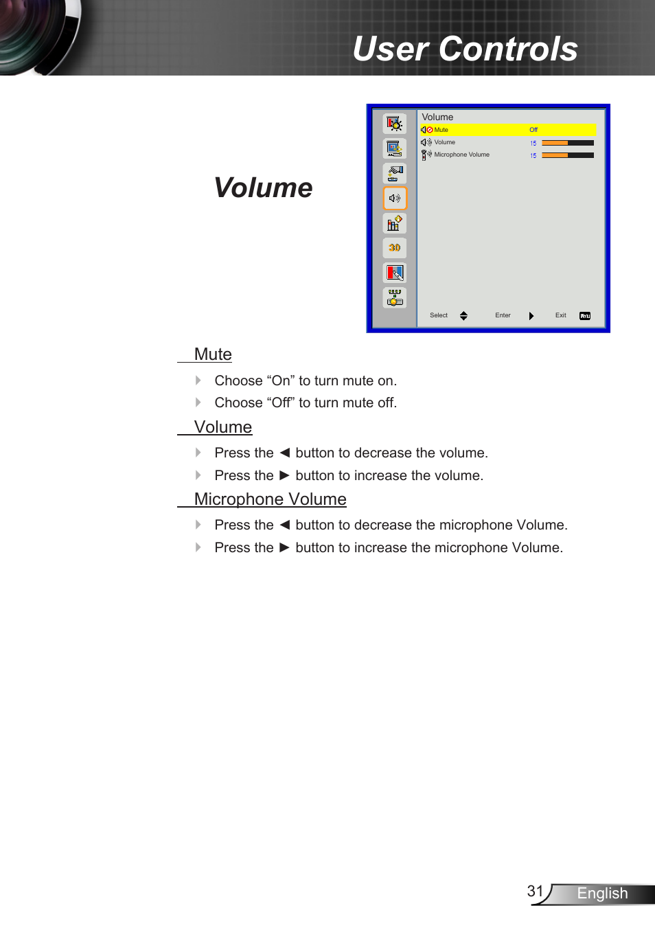 Volume, User controls, Mute | Microphone volume | Optoma X307USTi User Manual | Page 31 / 61