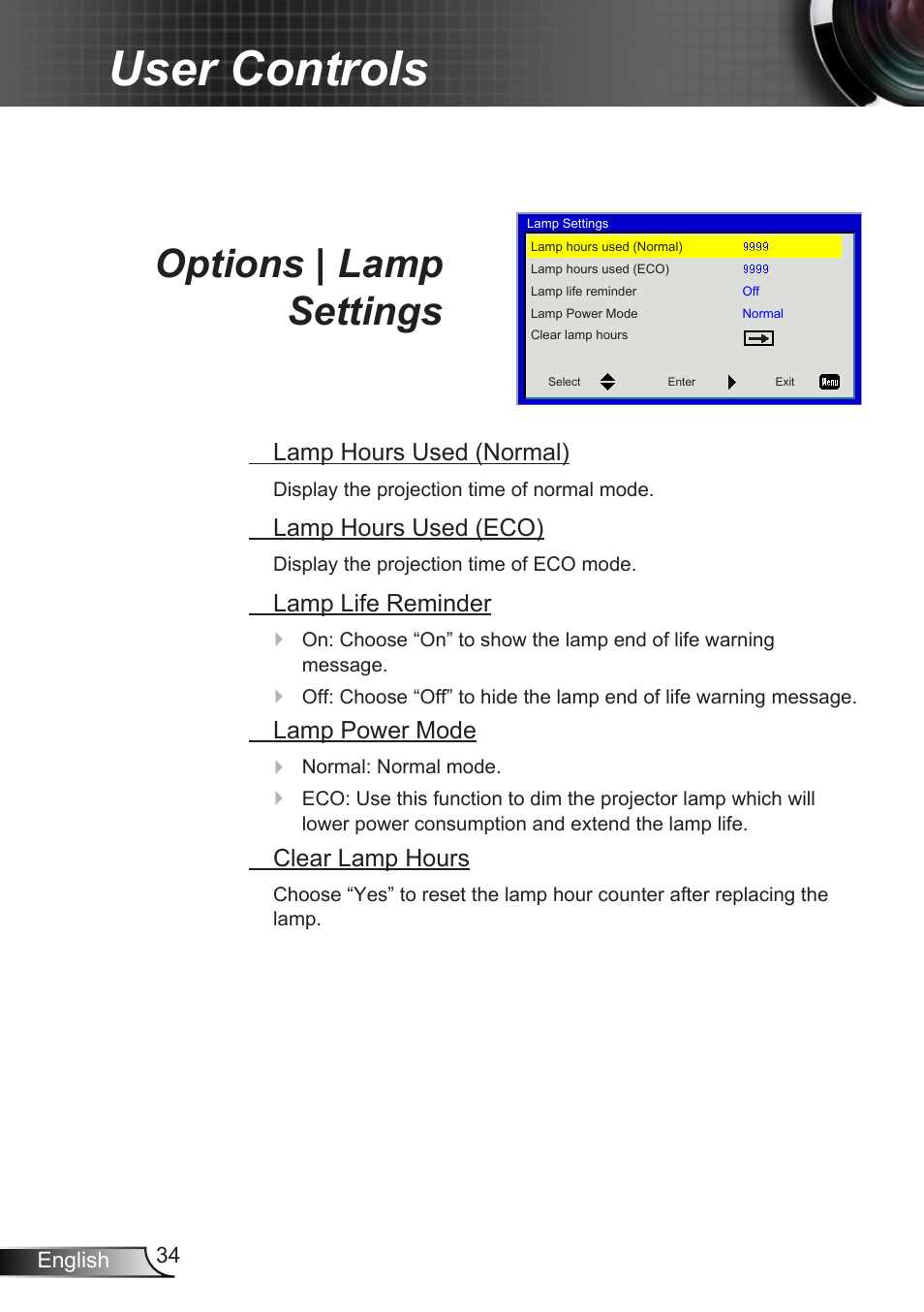 Options | lamp settings, User controls | Optoma X307USTi User Manual | Page 34 / 61