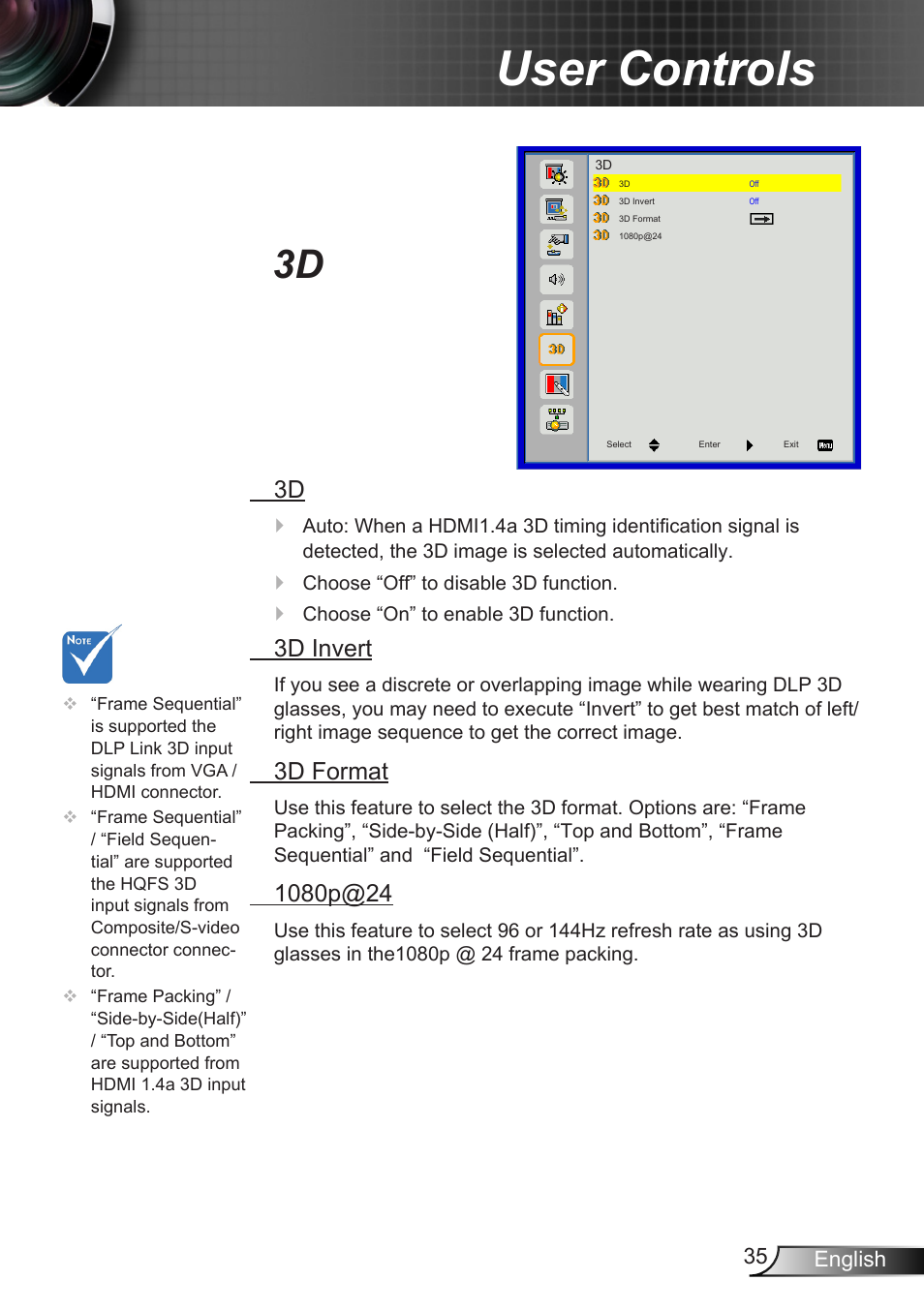 User controls, 3d invert, 3d format | Optoma X307USTi User Manual | Page 35 / 61