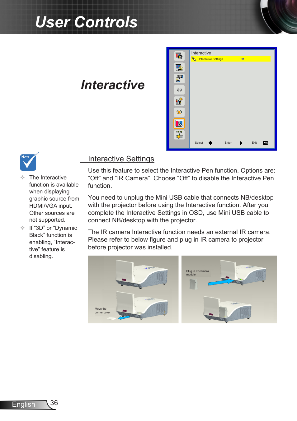 Interactive, User controls, Interactive settings | 36 english | Optoma X307USTi User Manual | Page 36 / 61