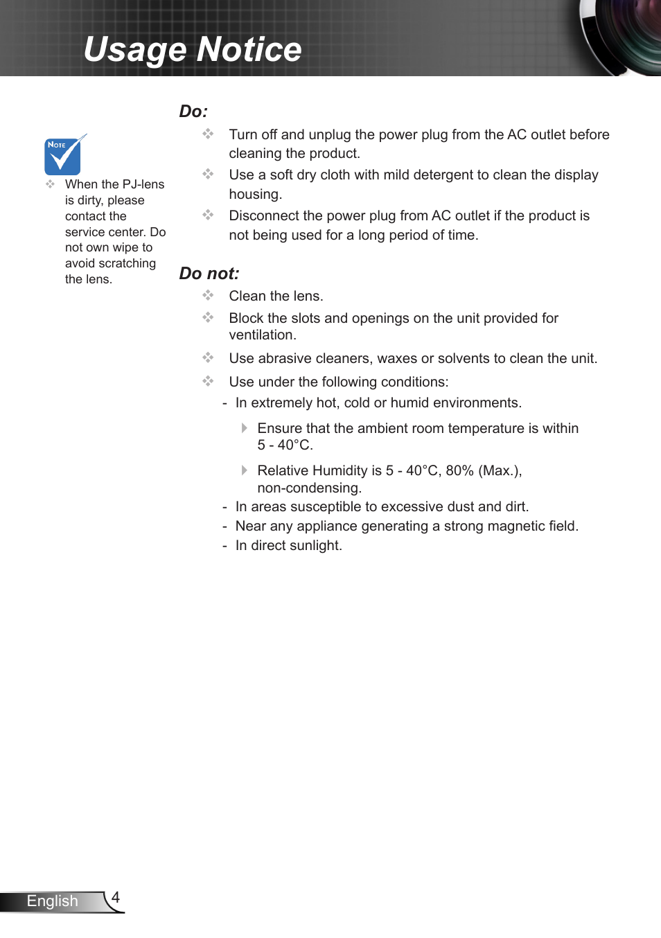 Usage notice, Do not | Optoma X307USTi User Manual | Page 4 / 61