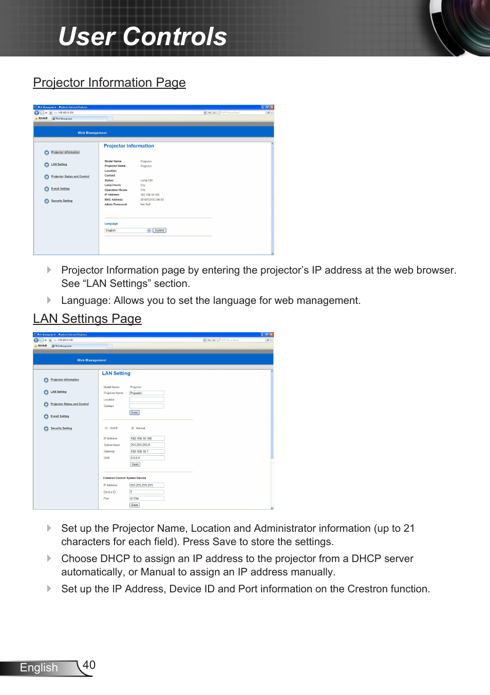 User controls | Optoma X307USTi User Manual | Page 40 / 61