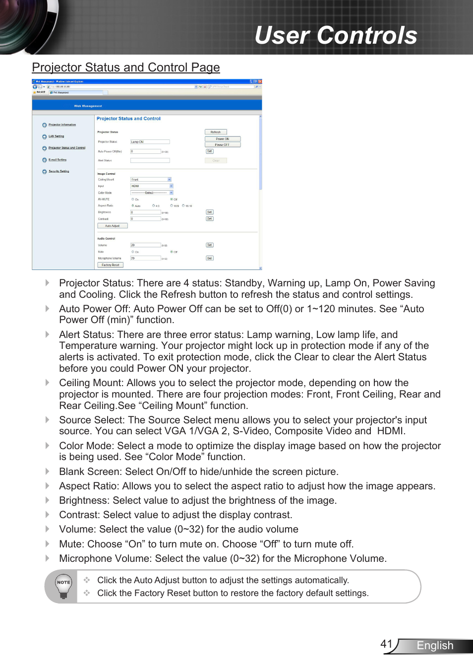 User controls, Projector status and control page | Optoma X307USTi User Manual | Page 41 / 61