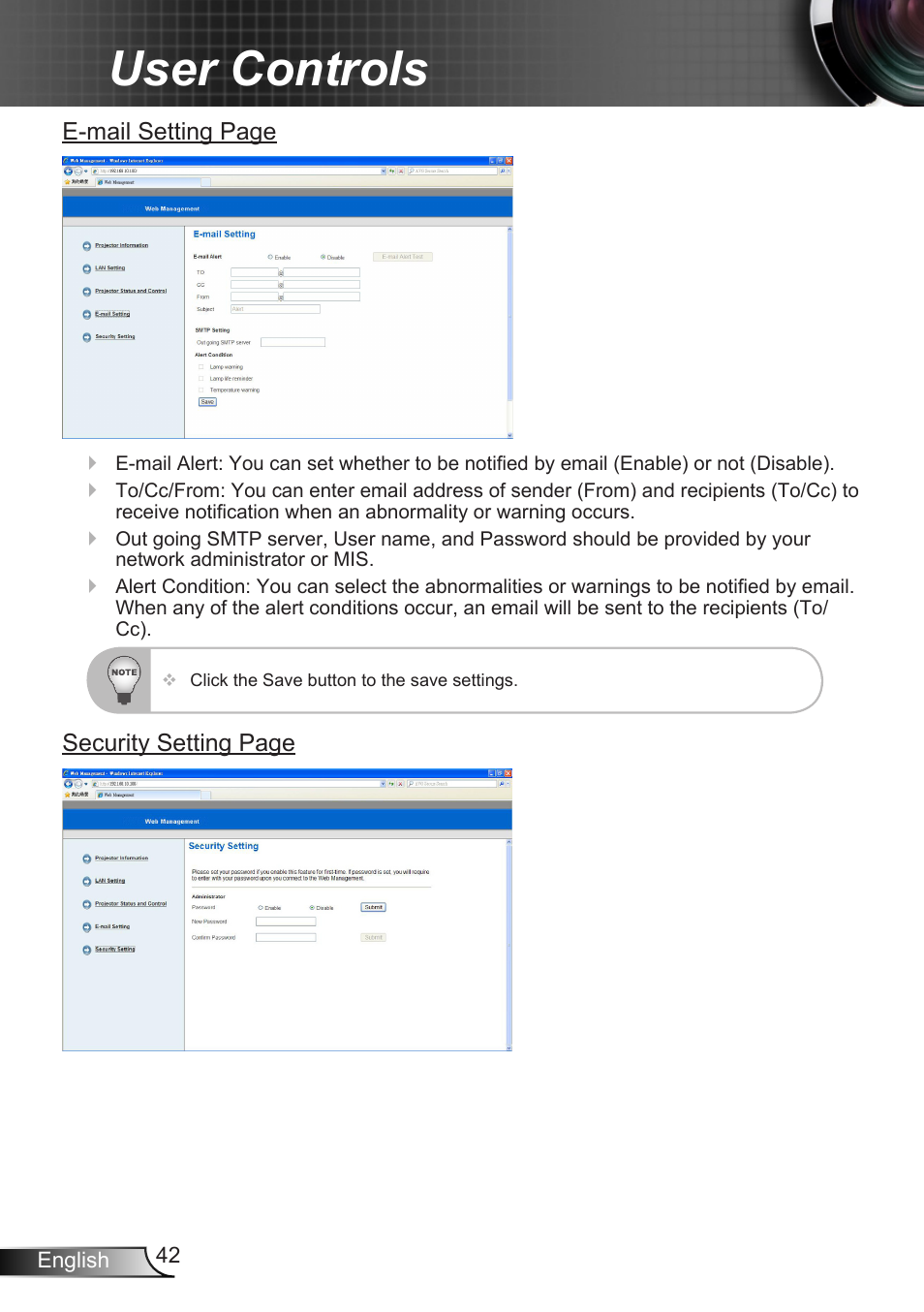 User controls | Optoma X307USTi User Manual | Page 42 / 61