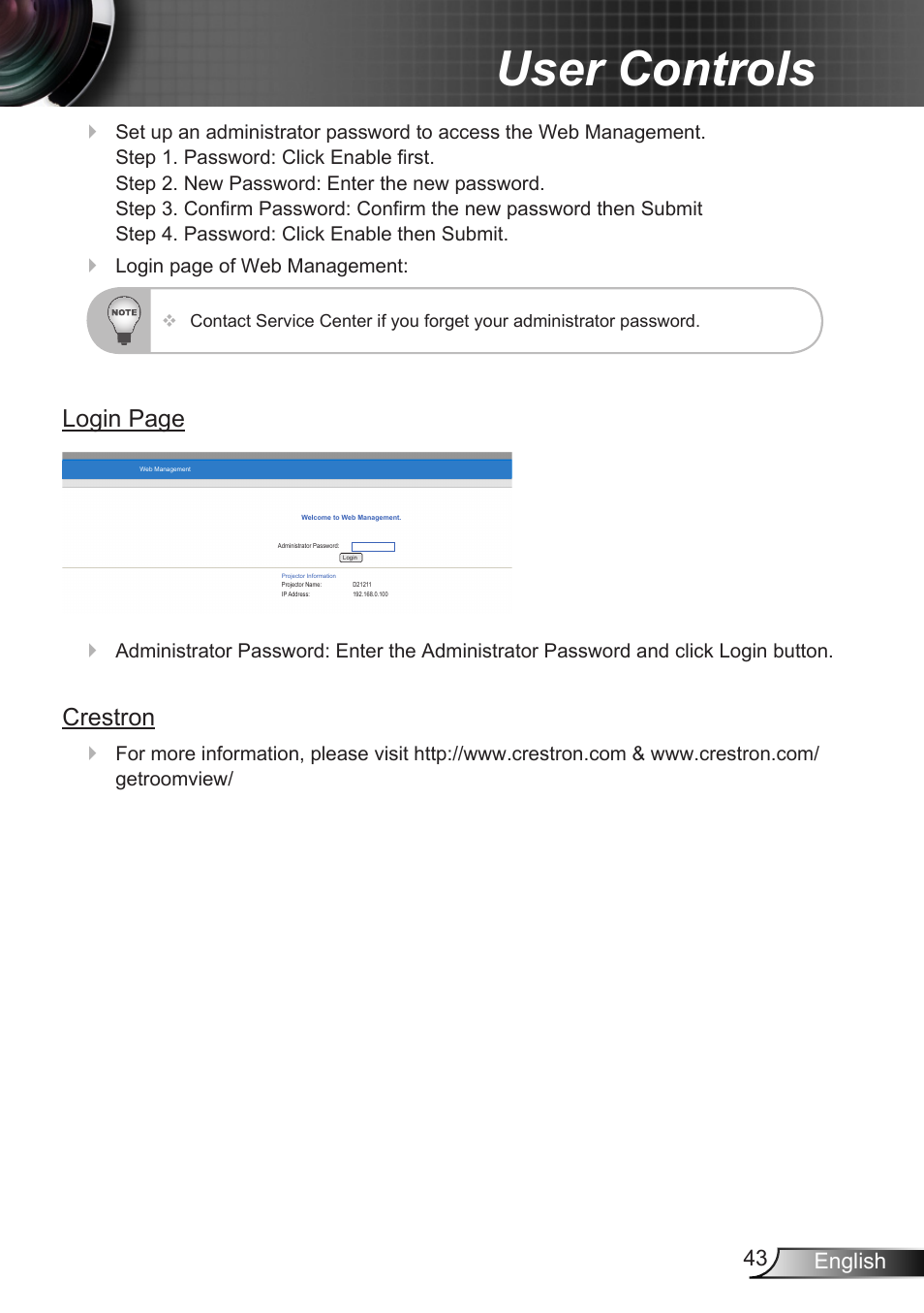 User controls, Login page, Crestron | 43 english | Optoma X307USTi User Manual | Page 43 / 61