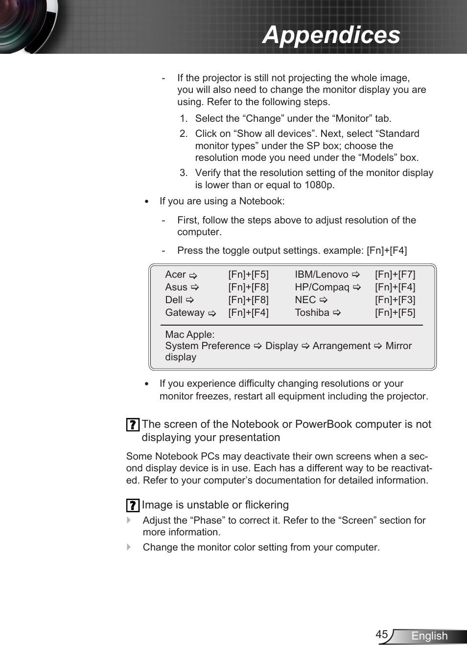 Appendices | Optoma X307USTi User Manual | Page 45 / 61