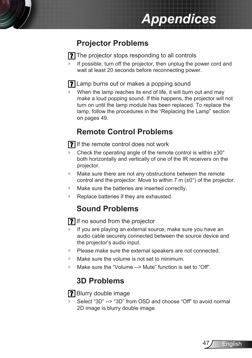 Projector problems, Remote control problems, Sound problems | 3d problems, Appendices | Optoma X307USTi User Manual | Page 47 / 61