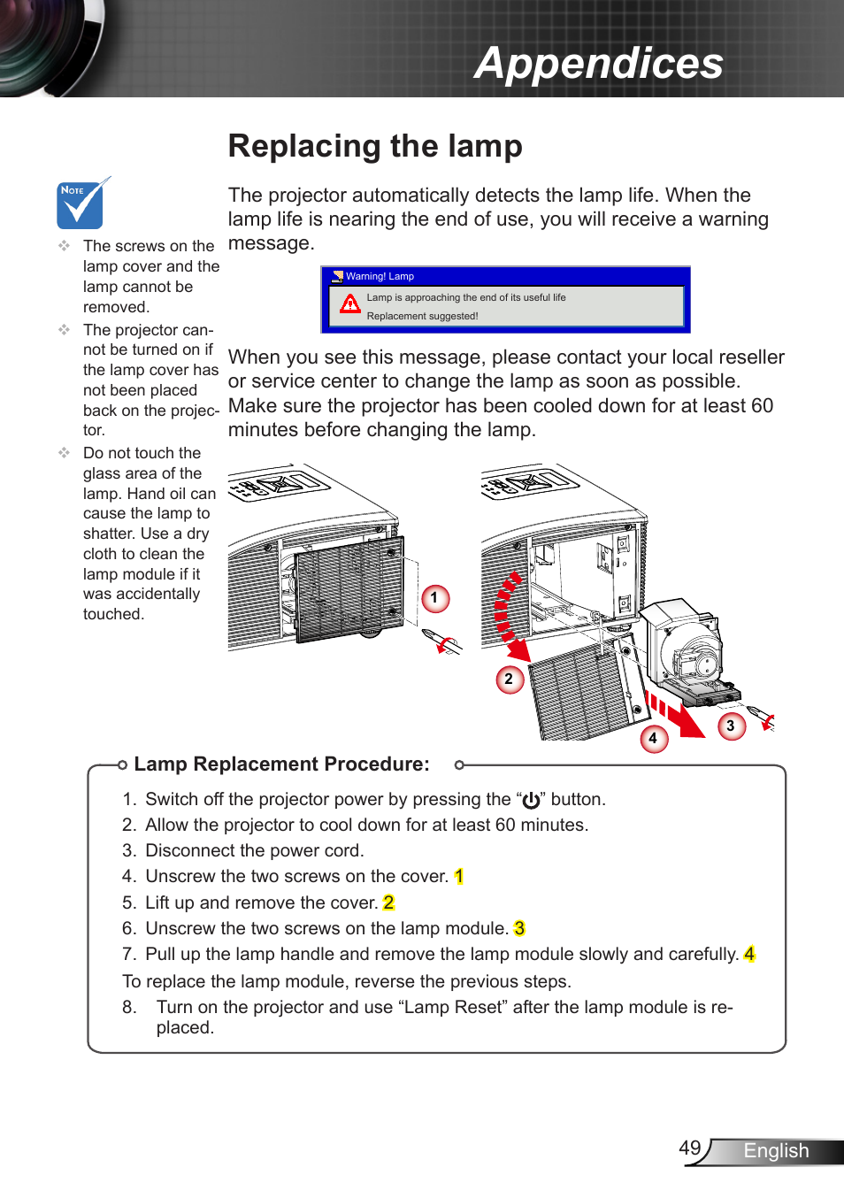 Replacing the lamp, Appendices | Optoma X307USTi User Manual | Page 49 / 61