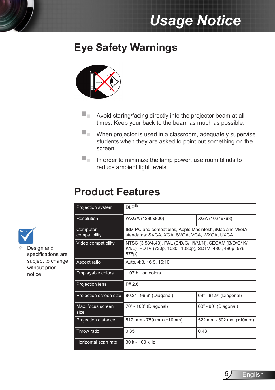 Eye safety warnings, Product features, Eye safety warnings product features | Usage notice, 5english | Optoma X307USTi User Manual | Page 5 / 61