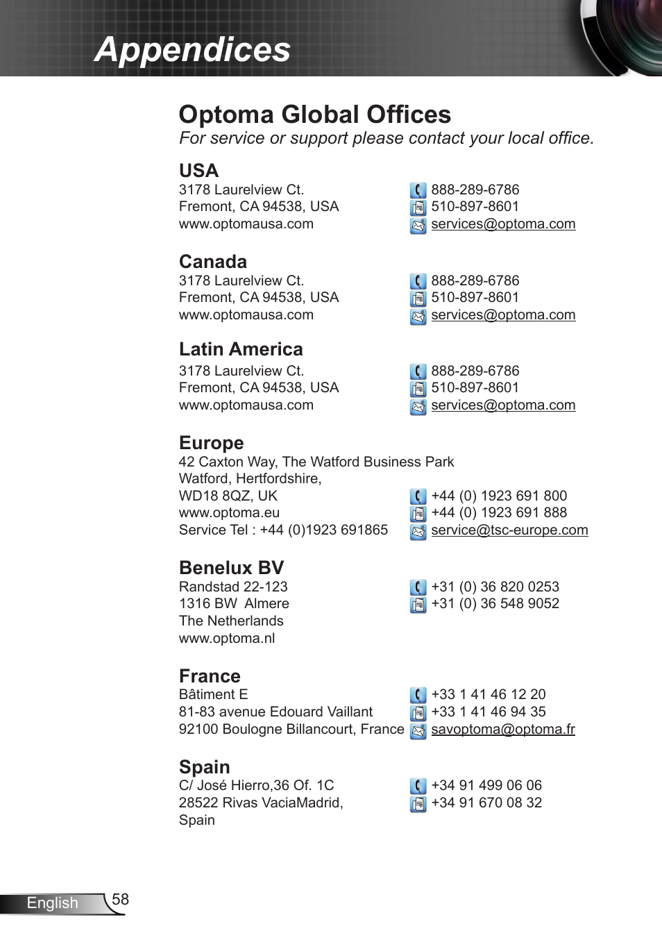 Optoma global offices, Appendices, Canada | Latin america, Europe, Benelux bv, France, Spain | Optoma X307USTi User Manual | Page 58 / 61