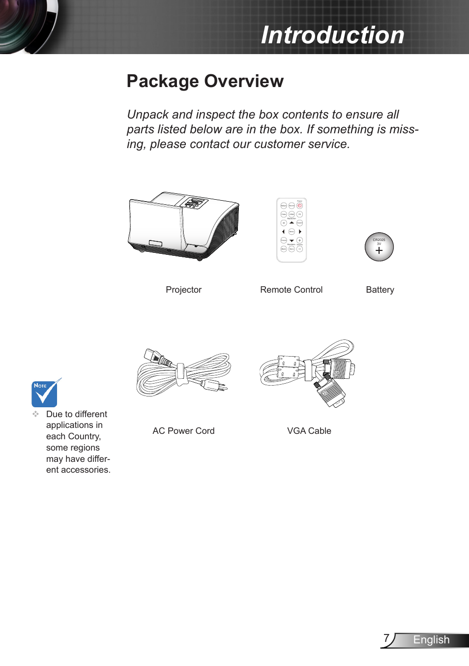 Introduction, Package overview | Optoma X307USTi User Manual | Page 7 / 61