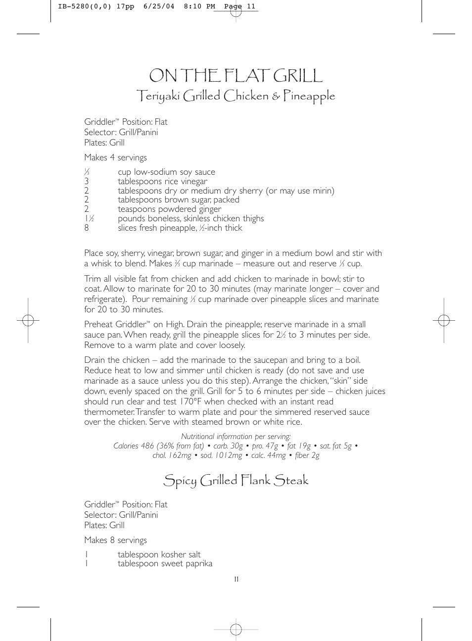 On the flat grill, Teriyaki grilled chicken & pineapple, Spicy grilled flank steak | Cuisinart IB-5280A User Manual | Page 11 / 18