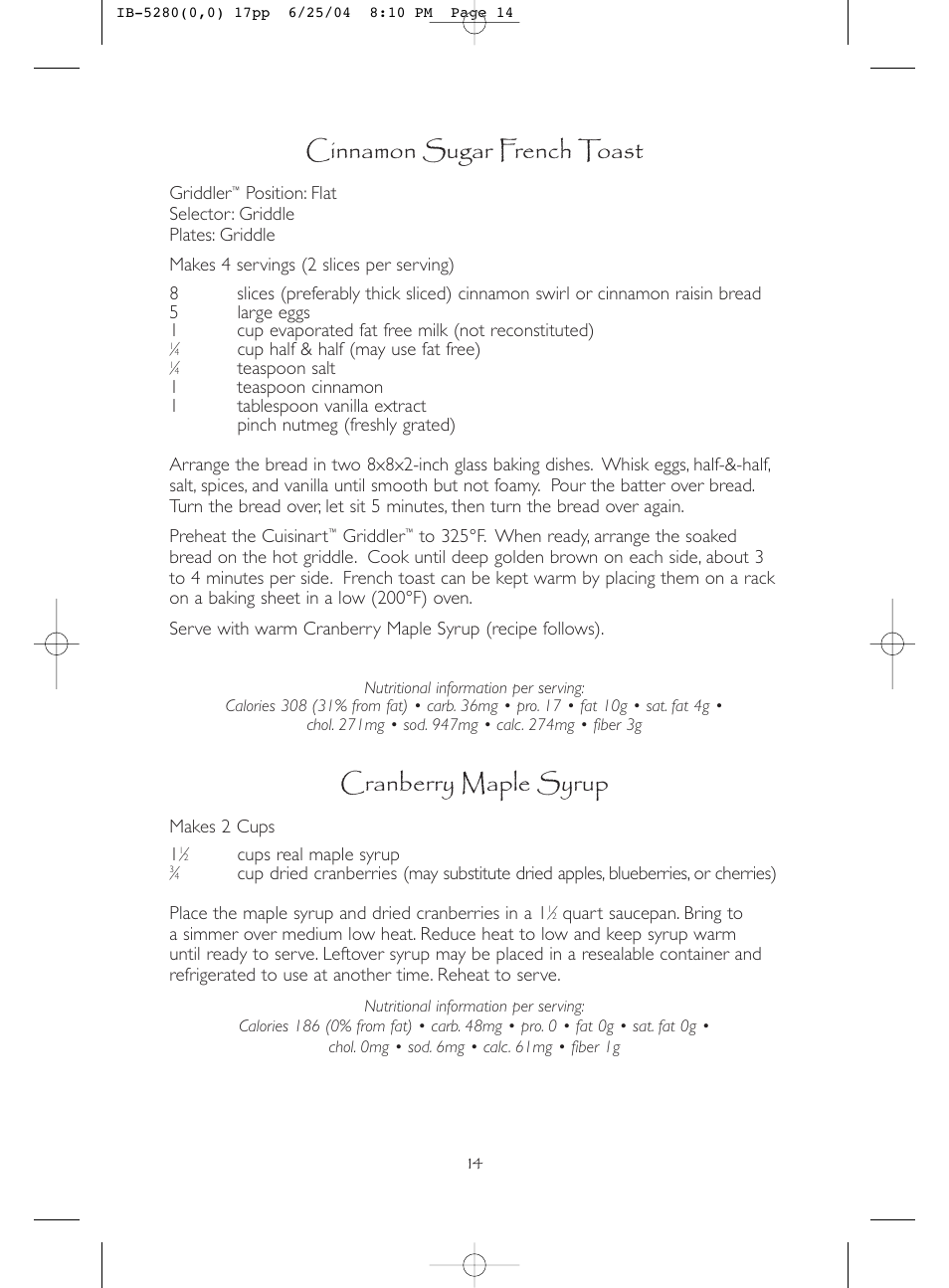 Cinnamon sugar french toast, Cranberry maple syrup | Cuisinart IB-5280A User Manual | Page 14 / 18