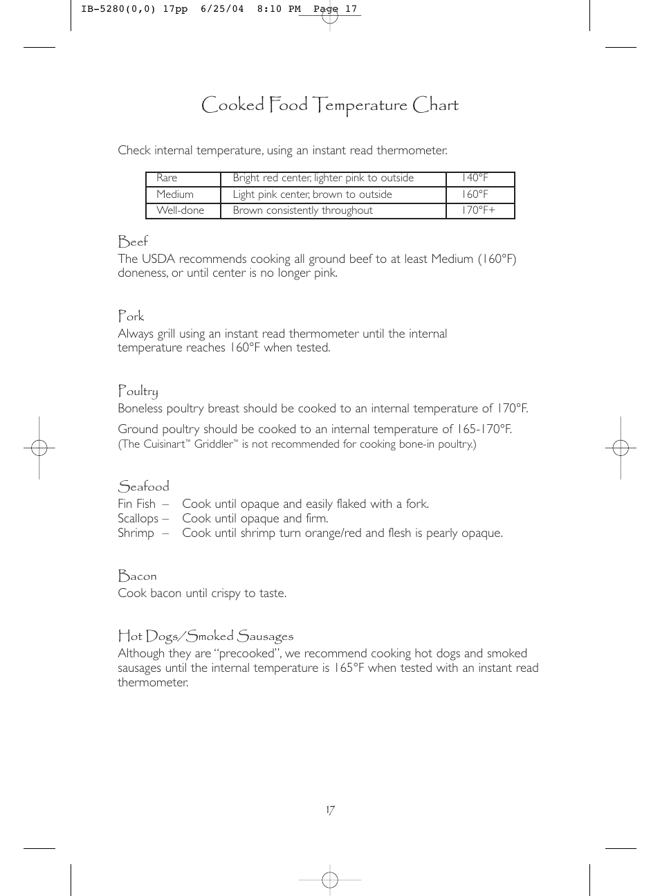 Cooked food temperature chart, Beef, Pork | Poultry, Seafood, Bacon, Hot dogs/smoked sausages | Cuisinart IB-5280A User Manual | Page 17 / 18