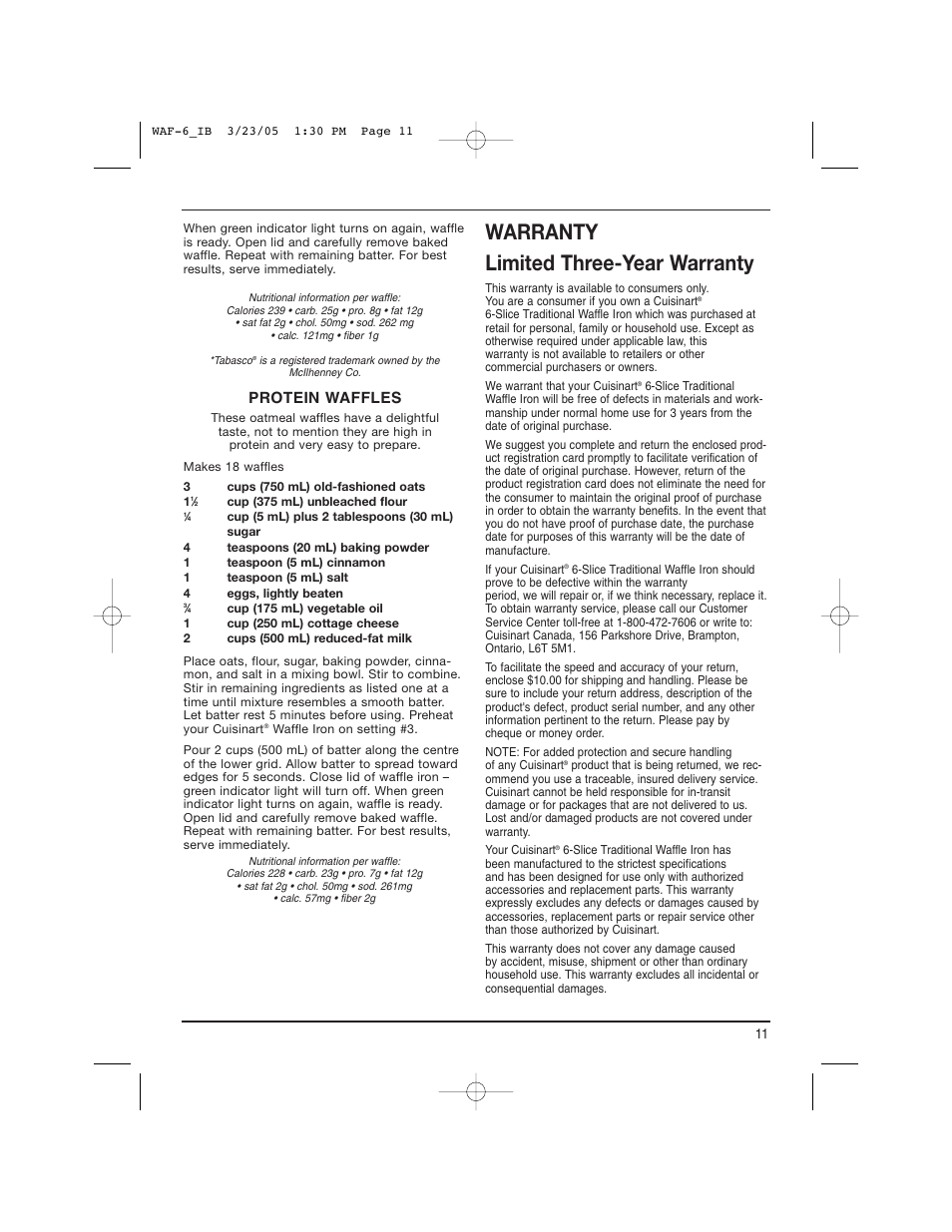 Warranty limited three-year warranty, Protein waffles | Cuisinart WAF-6C User Manual | Page 11 / 12