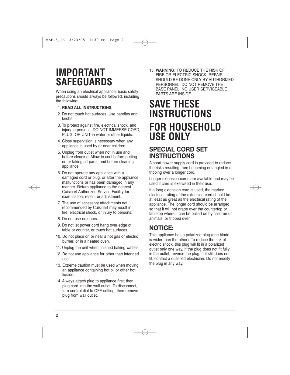 Important safeguards, Save these instructions for household use only, Special cord set instructions | Notice | Cuisinart WAF-6C User Manual | Page 2 / 12