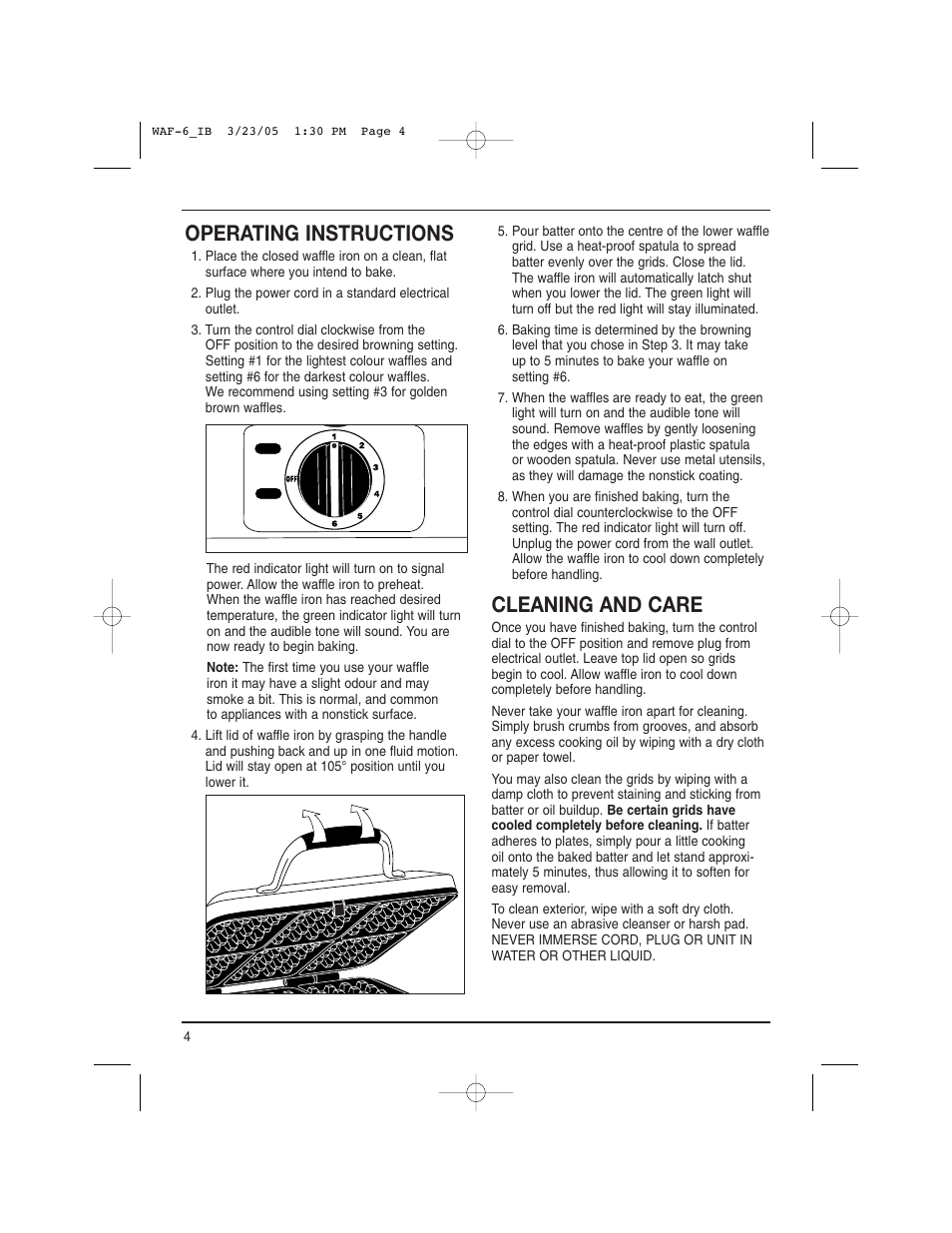 Operating instructions, Cleaning and care | Cuisinart WAF-6C User Manual | Page 4 / 12