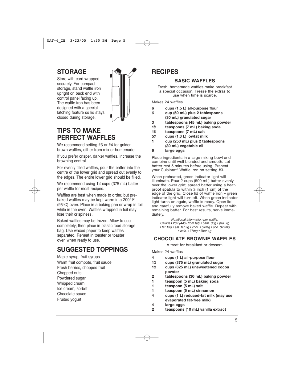 Storage, Tips to make perfect waffles, Suggested toppings | Recipes | Cuisinart WAF-6C User Manual | Page 5 / 12