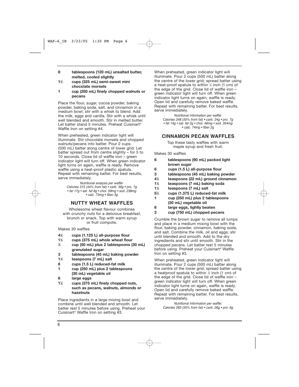 Nutty wheat waffles, Cinnamon pecan waffles | Cuisinart WAF-6C User Manual | Page 6 / 12