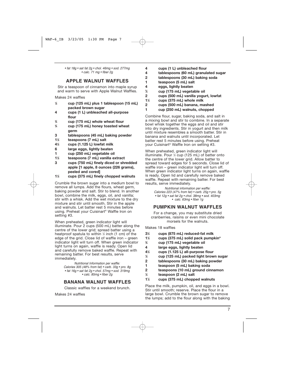 Apple walnut waffles, Banana walnut waffles, Pumpkin walnut waffles | Cuisinart WAF-6C User Manual | Page 7 / 12