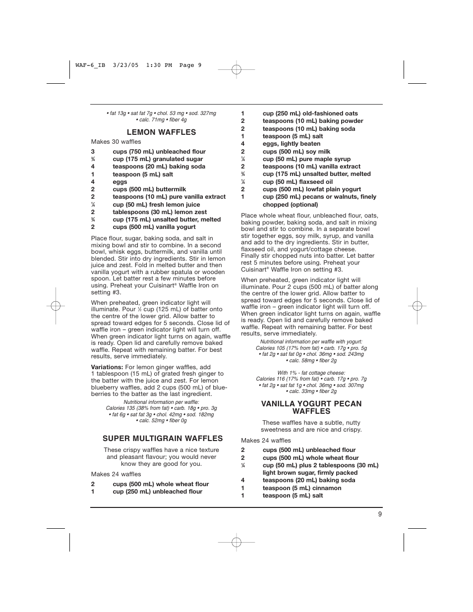Lemon waffles, Super multigrain waffles, Vanilla yogurt pecan waffles | Cuisinart WAF-6C User Manual | Page 9 / 12