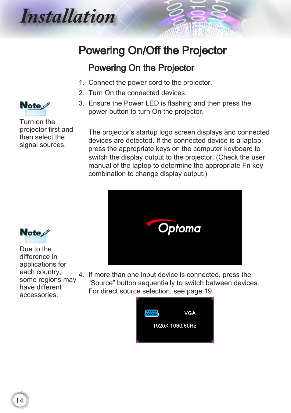 Powering on/off the projector, Powering on the projector, Installation | Optoma HD50 User Manual | Page 14 / 85