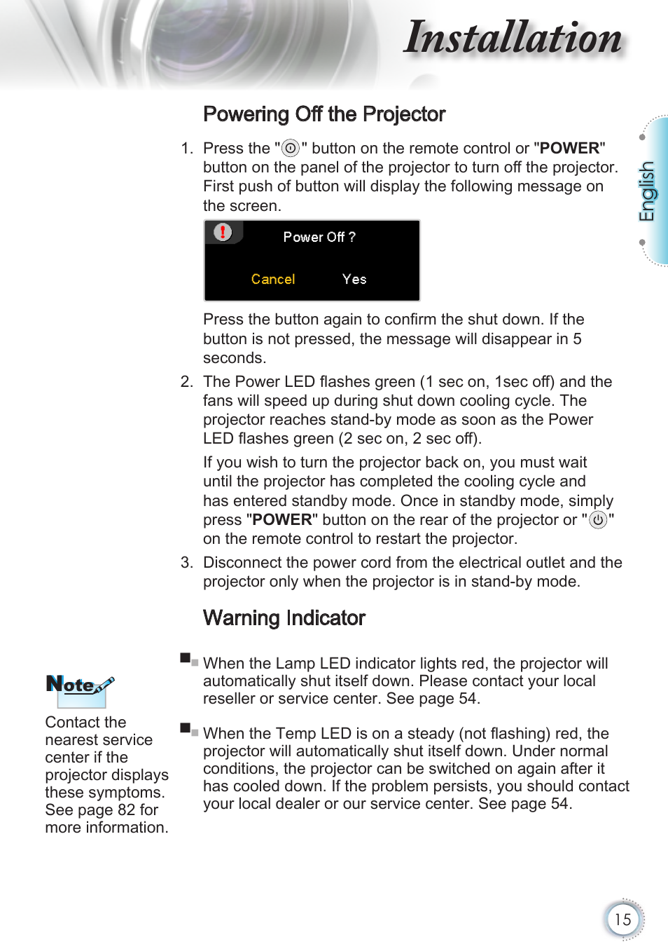 Powering off the projector, Warning indicator, Installation | Optoma HD50 User Manual | Page 15 / 85