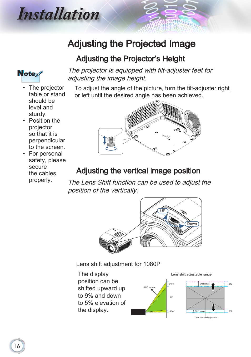 Adjusting the projected image, Adjusting the projector’s height, Adjusting the vertical image position | Installation | Optoma HD50 User Manual | Page 16 / 85