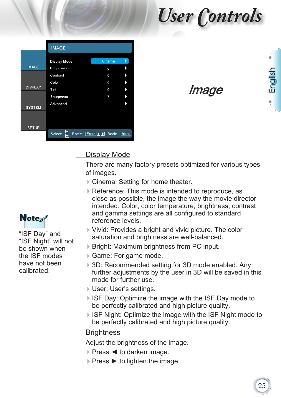 Image, User controls | Optoma HD50 User Manual | Page 25 / 85