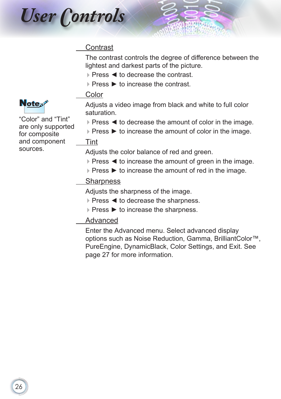 User controls | Optoma HD50 User Manual | Page 26 / 85