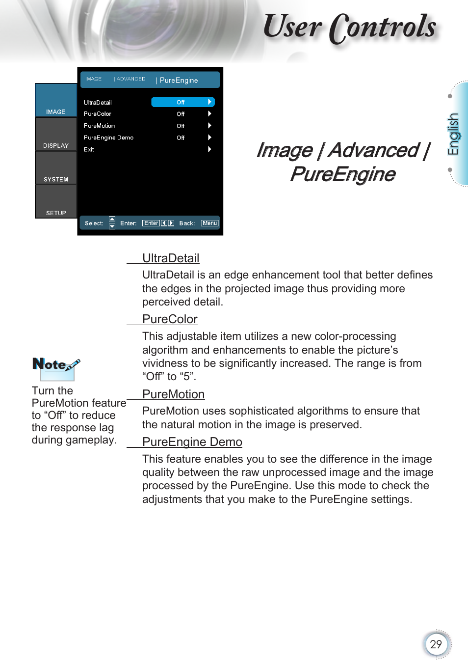 Image | advanced | pureengine, User controls | Optoma HD50 User Manual | Page 29 / 85