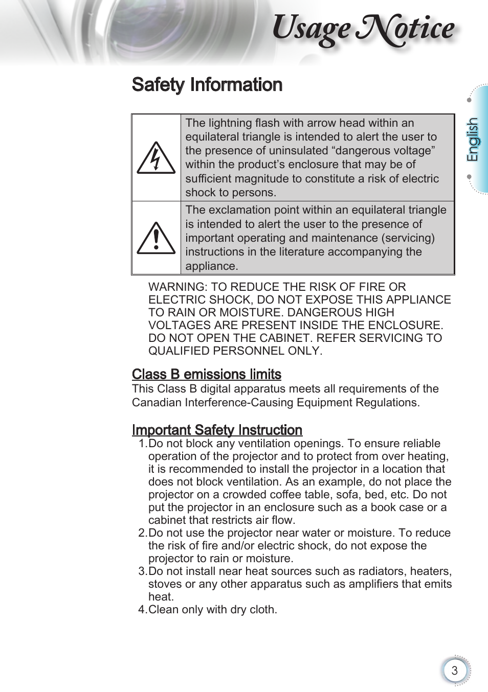 Usage notice, Safety information | Optoma HD50 User Manual | Page 3 / 85