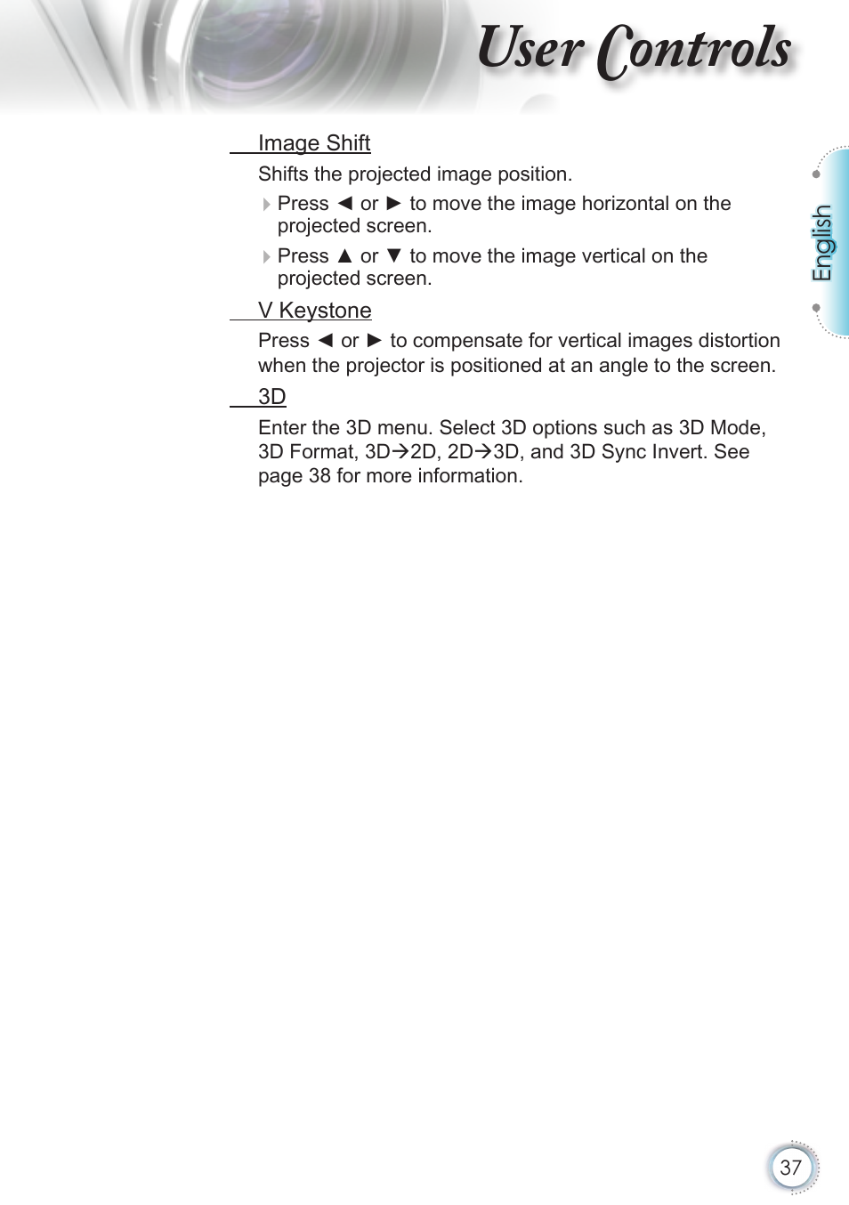 User controls | Optoma HD50 User Manual | Page 37 / 85