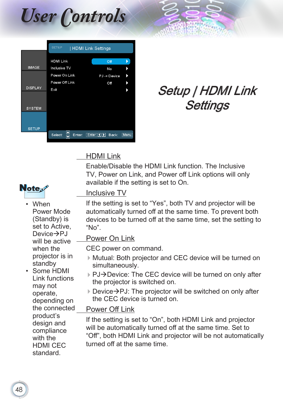 Setup | hdmi link settings, User controls | Optoma HD50 User Manual | Page 48 / 85