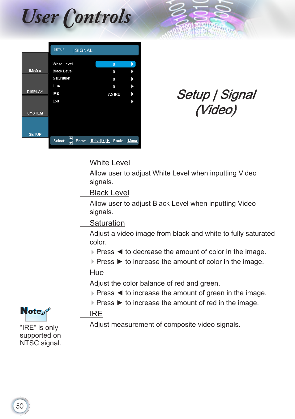 Setup | signal (video), User controls | Optoma HD50 User Manual | Page 50 / 85