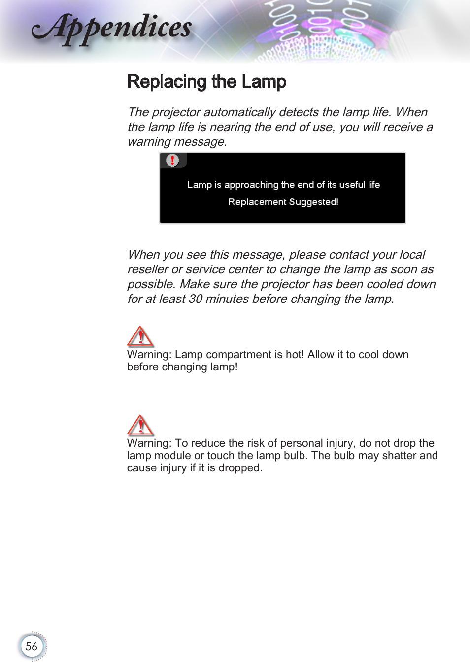 Replacing the lamp, Appendices | Optoma HD50 User Manual | Page 56 / 85